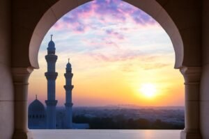 minaret-silhouette-at-sunset-through-archway-architectural-scenery-free-photo