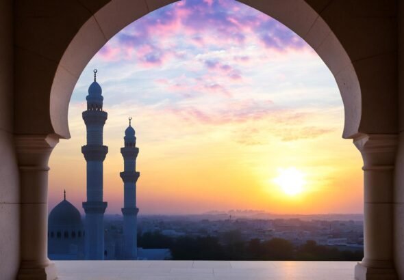 minaret-silhouette-at-sunset-through-archway-architectural-scenery-free-photo