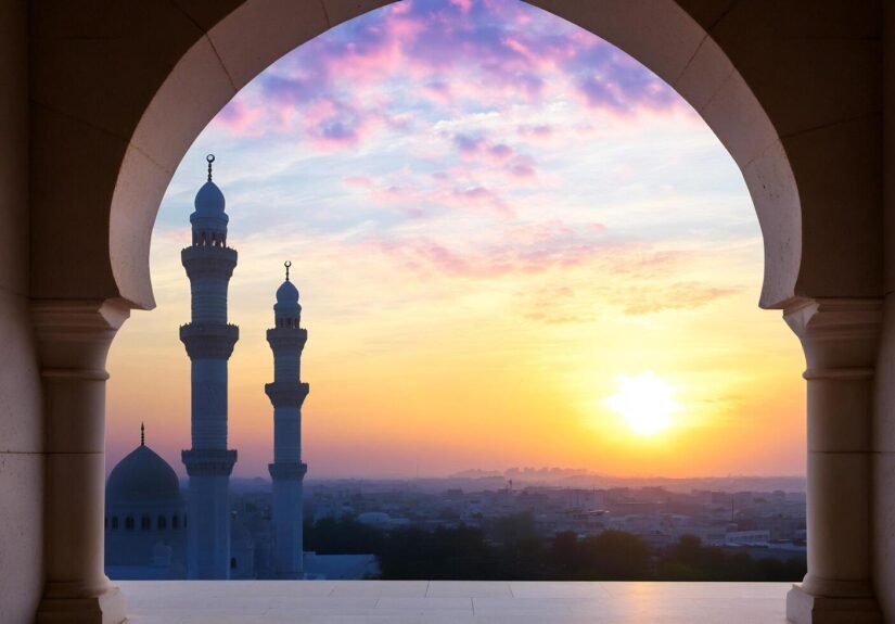 minaret-silhouette-at-sunset-through-archway-architectural-scenery-free-photo